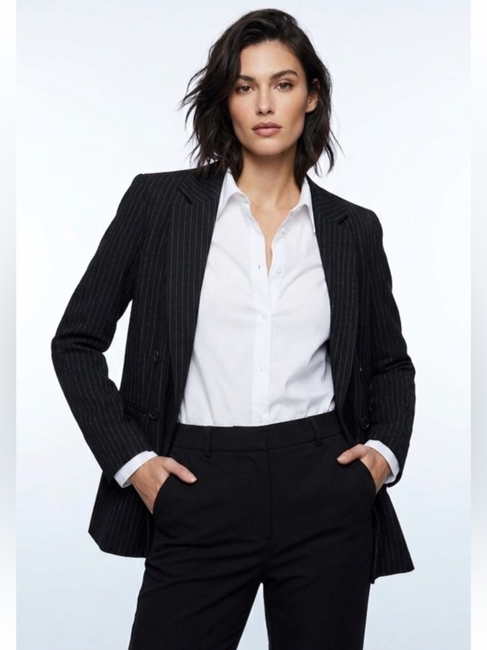 Dynamite Black & White Pin Stripe Double-Breasted Blazer Size Medium